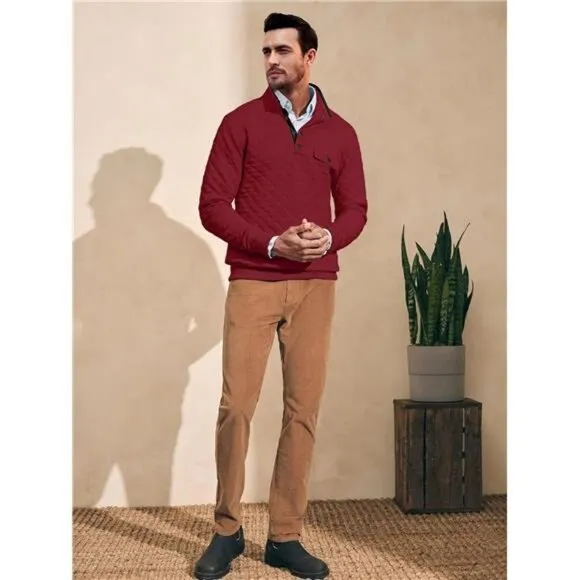 Mens Quilted Sweatshirt Long Sleeve Casual Stand Collar Quarter Button Pullover