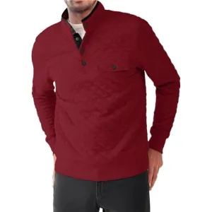 Mens Quilted Sweatshirt Long Sleeve Casual Stand Collar Quarter Button Pullover