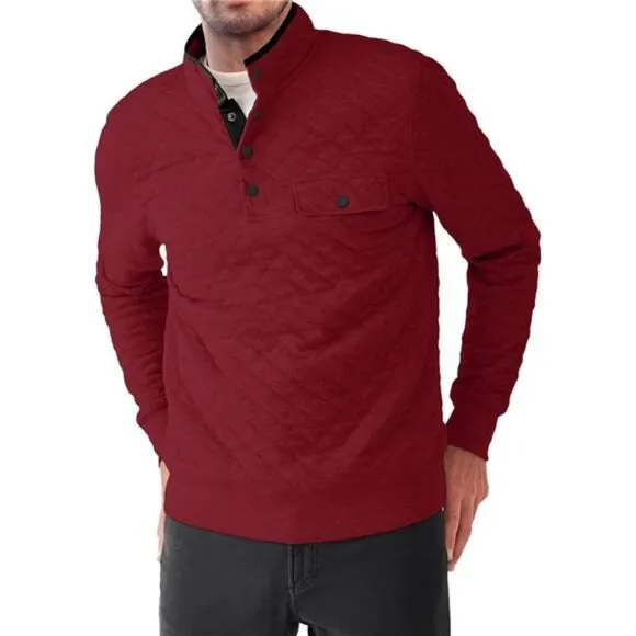 Mens Quilted Sweatshirt Long Sleeve Casual Stand Collar Quarter Button Pullover