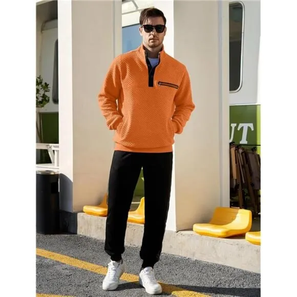 Men's Sweatshirt Fashion Stand Collar Button Pullover Sweatshirts with Pocket