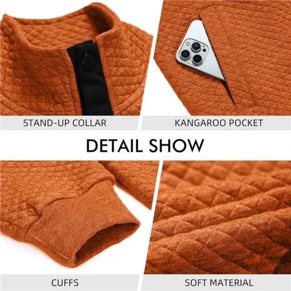Men's Sweatshirt Fashion Stand Collar Button Pullover Sweatshirts with Pocket