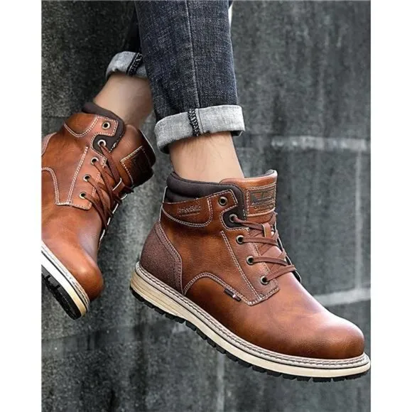 Men's Winter Boots Casual Booties Fur Mesh Lined Ankle Non-Slip Leather Shoes