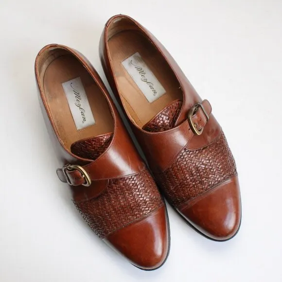 Mezlan Monterey Cognac Brown Woven Leather Cap-Toe Loafer Shoe Size 10.5 M