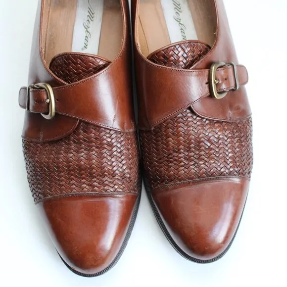 Mezlan Monterey Cognac Brown Woven Leather Cap-Toe Loafer Shoe Size 10.5 M