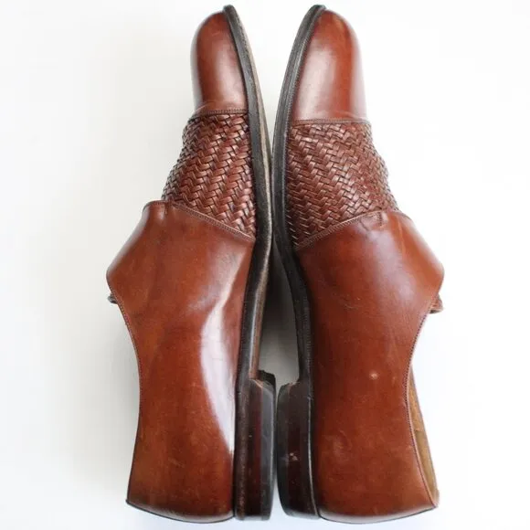 Mezlan Monterey Cognac Brown Woven Leather Cap-Toe Loafer Shoe Size 10.5 M