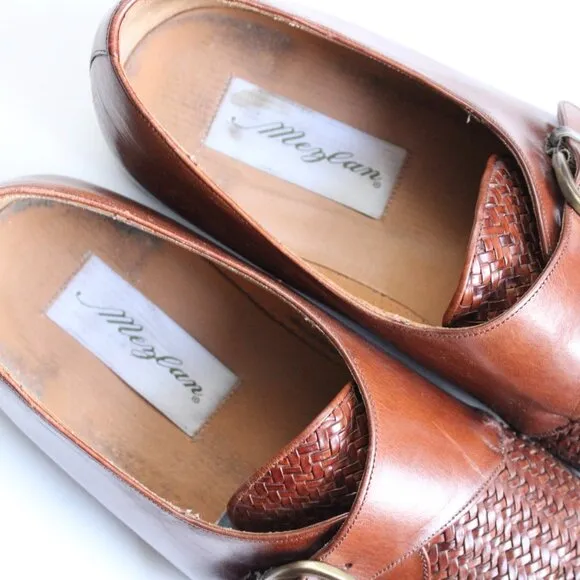 Mezlan Monterey Cognac Brown Woven Leather Cap-Toe Loafer Shoe Size 10.5 M
