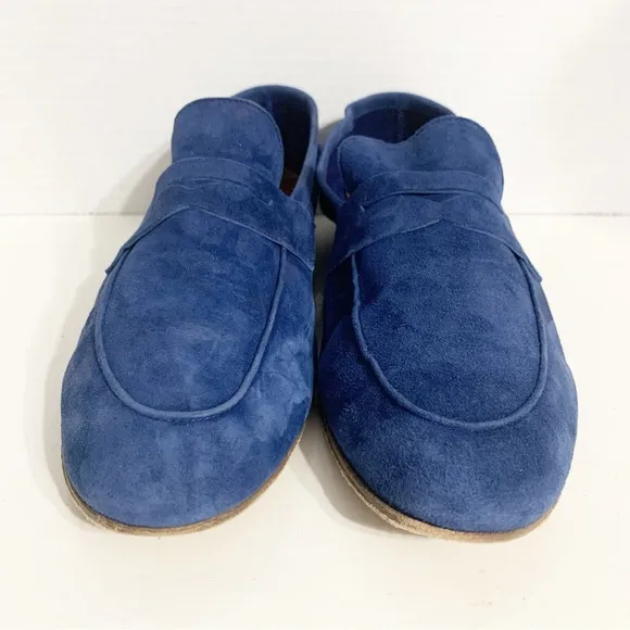 M.Gemi Italian 🇮🇹 Blue 🔵 Suede Leather Unlined Slip On Loafers Leather Sole
