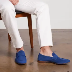 M.Gemi Italian 🇮🇹 Blue 🔵 Suede Leather Unlined Slip On Loafers Leather Sole