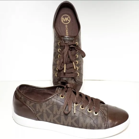Michael Kors MK Women's Brown Logo Monogram Leather Lace Up Sneakers Shoes 8.5