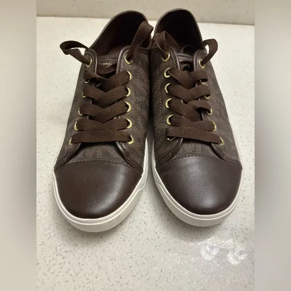 Michael Kors MK Women's Brown Logo Monogram Leather Lace Up Sneakers Shoes 8.5