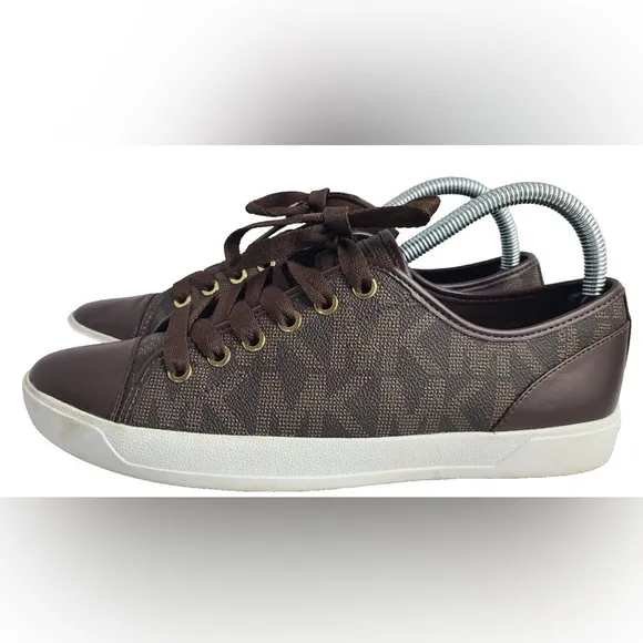 Michael Kors MK Women's Brown Logo Monogram Leather Lace Up Sneakers Shoes 8.5