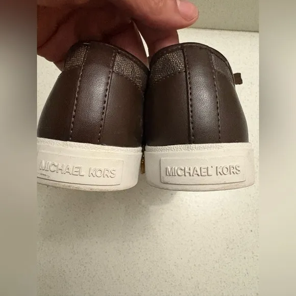 Michael Kors MK Women's Brown Logo Monogram Leather Lace Up Sneakers Shoes 8.5