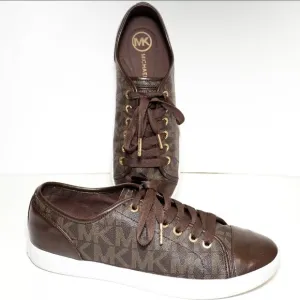 Michael Kors MK Women's Brown Logo Monogram Leather Lace Up Sneakers Shoes 8.5