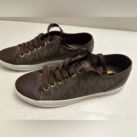 Michael Kors MK Women's Brown Logo Monogram Leather Lace Up Sneakers Shoes 8.5