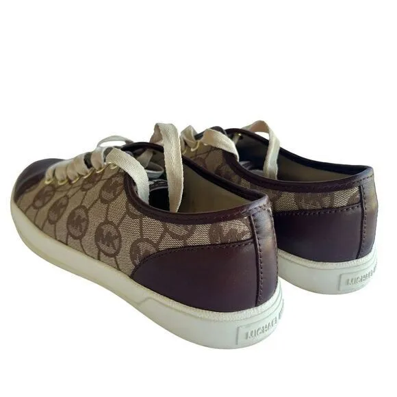 Michael Kors‎ Monogram Canvas Sneakers Brown Leather Trim Casual Shoes 6.5