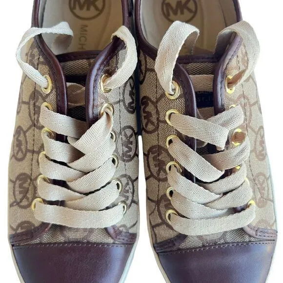 Michael Kors‎ Monogram Canvas Sneakers Brown Leather Trim Casual Shoes 6.5