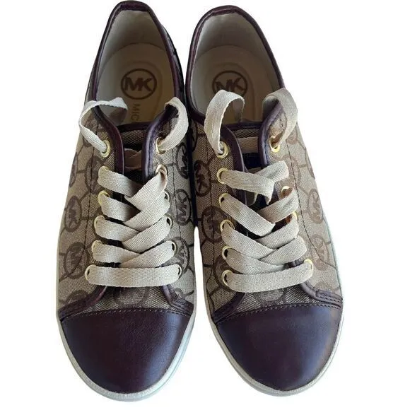Michael Kors‎ Monogram Canvas Sneakers Brown Leather Trim Casual Shoes 6.5