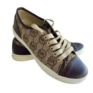 Michael Kors‎ Monogram Canvas Sneakers Brown Leather Trim Casual Shoes 6.5