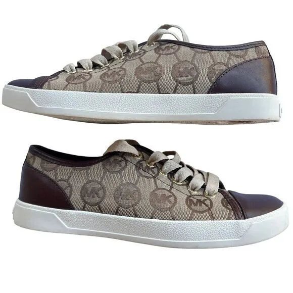 Michael Kors‎ Monogram Canvas Sneakers Brown Leather Trim Casual Shoes 6.5
