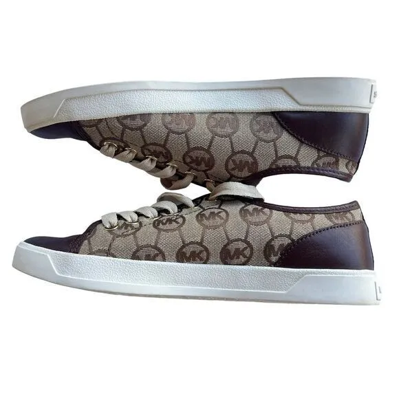 Michael Kors‎ Monogram Canvas Sneakers Brown Leather Trim Casual Shoes 6.5