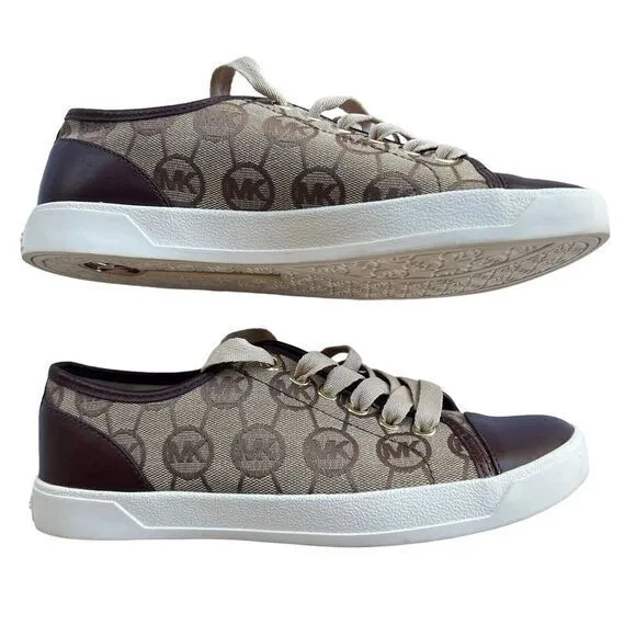 Michael Kors‎ Monogram Canvas Sneakers Brown Leather Trim Casual Shoes 6.5