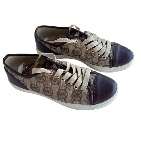 Michael Kors‎ Monogram Canvas Sneakers Brown Leather Trim Casual Shoes 6.5