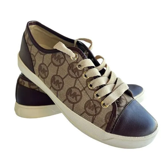 Michael Kors‎ Monogram Canvas Sneakers Brown Leather Trim Casual Shoes 6.5