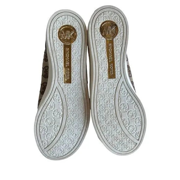 Michael Kors‎ Monogram Canvas Sneakers Brown Leather Trim Casual Shoes 6.5