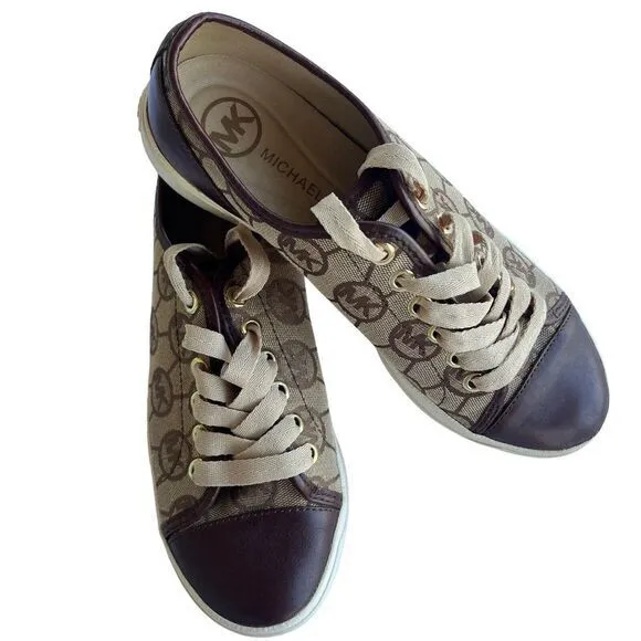 Michael Kors‎ Monogram Canvas Sneakers Brown Leather Trim Casual Shoes 6.5
