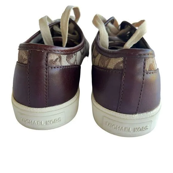 Michael Kors‎ Monogram Canvas Sneakers Brown Leather Trim Casual Shoes 6.5