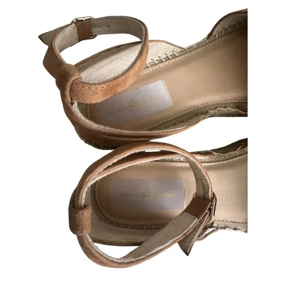 MICHELE LOPRIORE Tan Suede Espadrille Ankle Strap Flats Size 38