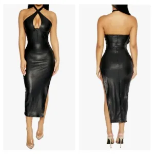Naked Wardrobe Extra Drippin' Crossover Halter Midi Dress Black Medium