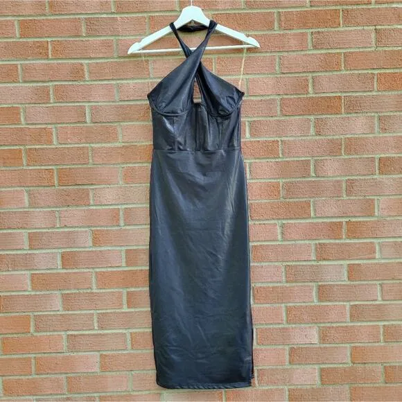 Naked Wardrobe Extra Drippin' Crossover Halter Midi Dress Black Medium