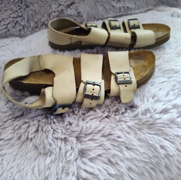 Naot Utopia Lamego cream and brown buckled adjustable sandals slip on size 39/9