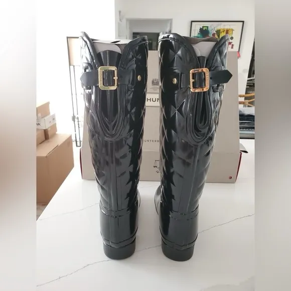 NEW $230 Hunter Refined Gloss Quilt Tall Rain Boots Black waterproof Sz 6