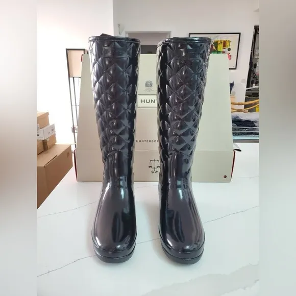 NEW $230 Hunter Refined Gloss Quilt Tall Rain Boots Black waterproof Sz 6