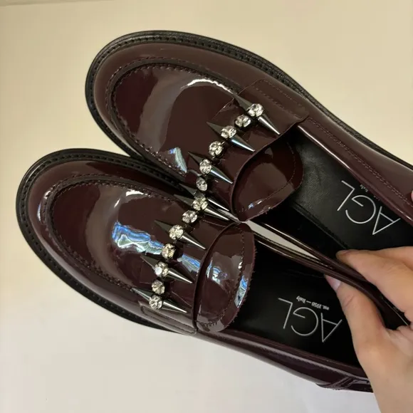 New AGL Spike Leather Lola Loafers  Sz 37.5/US 7 burgundy