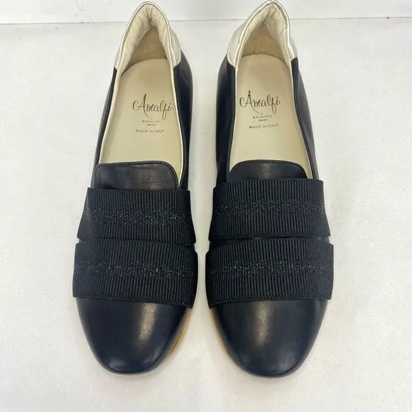 New Amalfi by Rangoni Raffy Flat Black Platino Women’s 7 Leather Italian Loafers