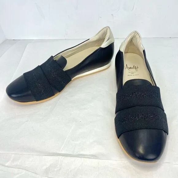 New Amalfi by Rangoni Raffy Flat Black Platino Women’s 7 Leather Italian Loafers