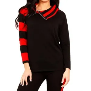 NEW ANGEL APPAREL striped zip neck sweater in black/red