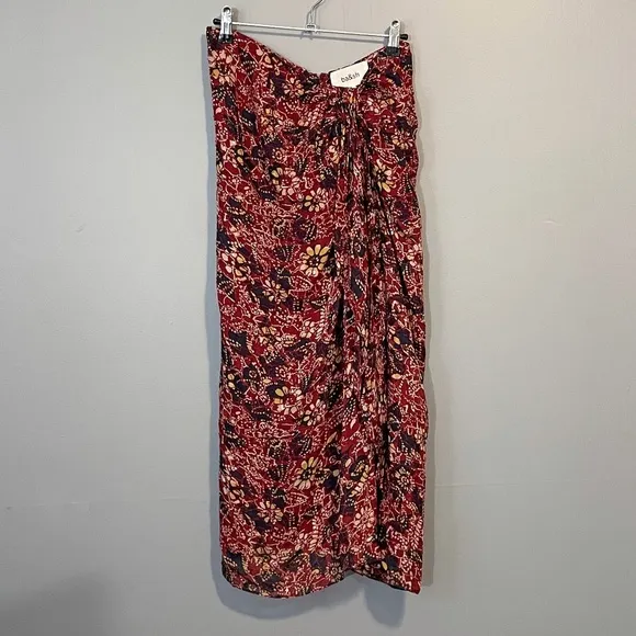 New Ba&amp;sh Galia Knot Front Floral Midi Skirt Burgundy Medium