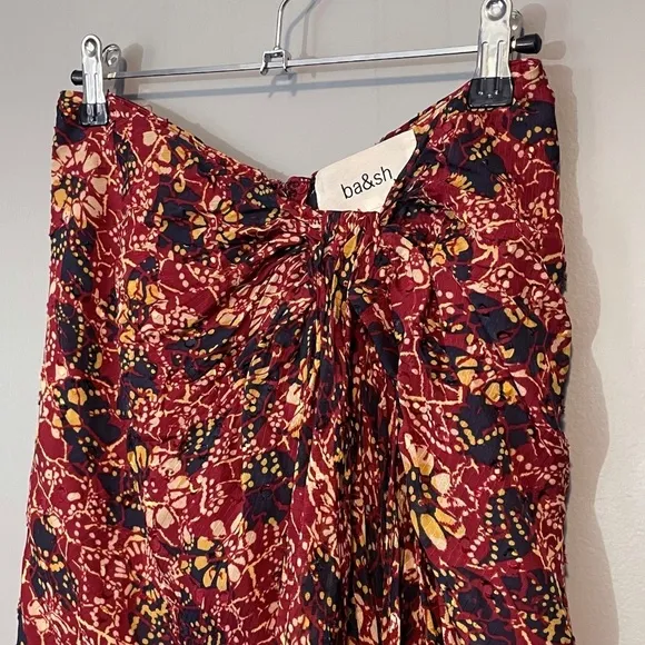 New Ba&amp;sh Galia Knot Front Floral Midi Skirt Burgundy Medium
