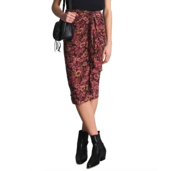 New Ba&amp;sh Galia Knot Front Floral Midi Skirt Burgundy Medium