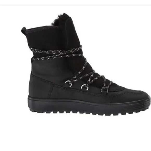 New Ecco Soft Tred L Sneaker Flat Boots Black 36 5 5.5 Leather Fur Wool