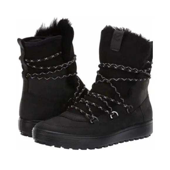 New Ecco Soft Tred L Sneaker Flat Boots Black 36 5 5.5 Leather Fur Wool