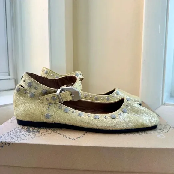 New Free People Mystic Mary Jane Flats Shoes Studded Buckle Sun Butter Yellow