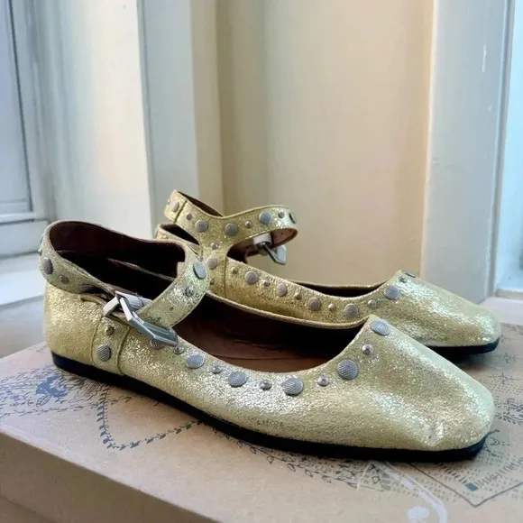 New Free People Mystic Mary Jane Flats Shoes Studded Buckle Sun Butter Yellow