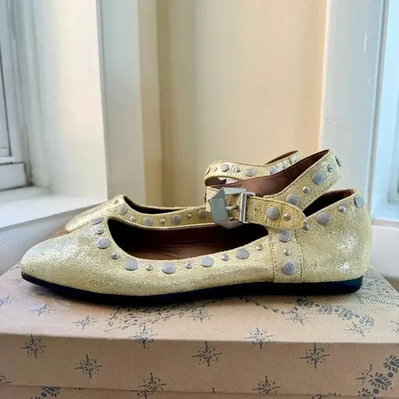 New Free People Mystic Mary Jane Flats Shoes Studded Buckle Sun Butter Yellow