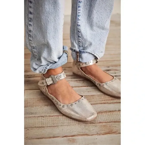 New Free People Mystic Mary Jane Flats Shoes Studded Buckle Sun Butter Yellow