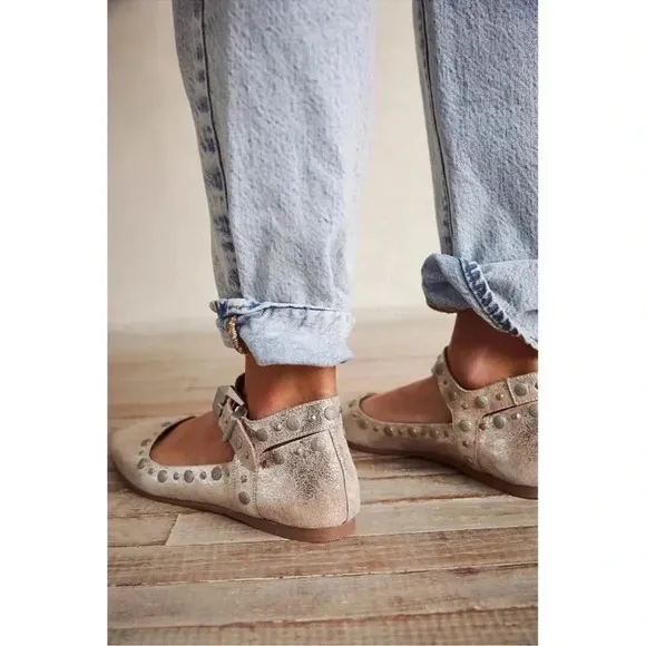 New Free People Mystic Mary Jane Flats Shoes Studded Buckle Sun Butter Yellow